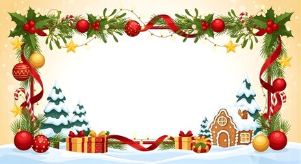 Obraz premium A christmas frame with ornaments, trees, gifts, and a gingerbread house in the snow