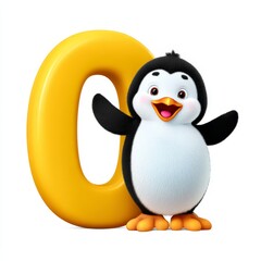 Cheerful cartoon penguin with yellow letter o on white background