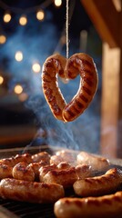 Grilled sausages sizzling on barbecue with heart-shaped sausage hanging above