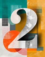 Abstract geometric number two with vibrant colors and textures