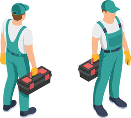 Isometric worker illustration, toolbox carrier, green overalls, manual labor, technical profession, occupational character, gloves, cap, industrial job, vector design