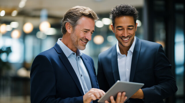 Two diverse male colleagues examining digital tablet together faceless coworkers defocused workplace background reviewing online presentation manager consulting junior staff