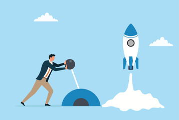 Fototapeta premium Vector illustration of a businessman pushing a lever to trigger a successful launch, symbolizing determination, action, and driving business growth forward 