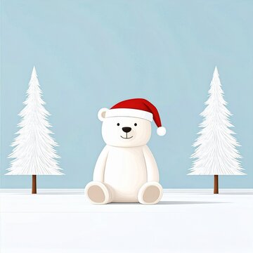 Petit ourson blanc avec bonnet de p&egrave;re No&euml;l assis sur la neige entre deux sapins. Illustration de style minimaliste. Generated Image.