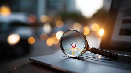 Local search optimization strategy demonstration visualization defocused digital marketing background business benefit concept geographical targeting expertise online