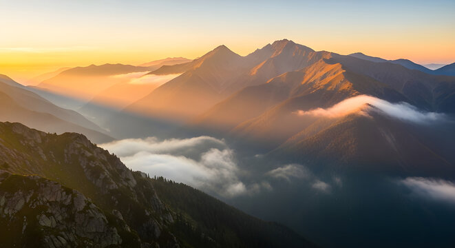 Golden sunrise over misty mountain peaks with dramatic light rays - Powered by Adobe