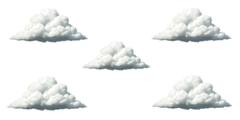 Five fluffy white clouds arranged in a pattern isolated on white background