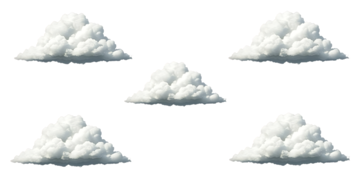 Five fluffy white clouds arranged in a pattern isolated on white background