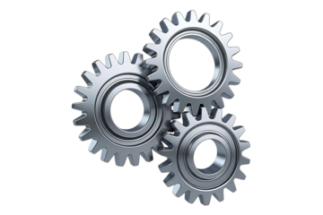 Three interlocking metal gears isolated on white background