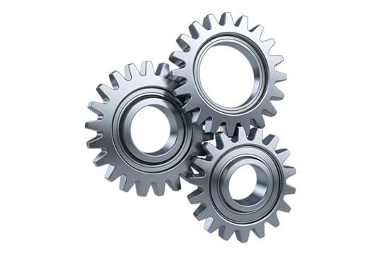 Three interlocking metal gears isolated on white background