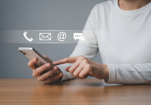 Person using smartphone with contact icons for communication and support