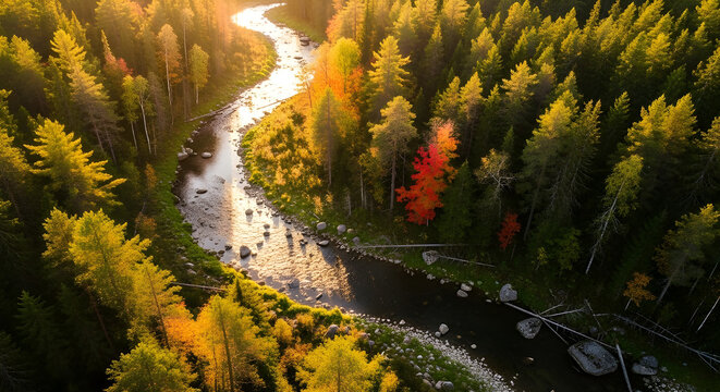 Aerial view of a winding river through a lush forest during golden hour