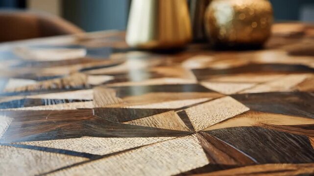 Medium shot focusing on the contrast and texture of diverse wood tones blended in geometric inlays creating visually striking surfaces.