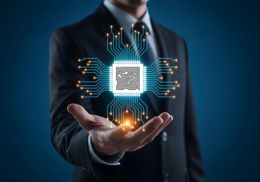 Businessman holding a glowing futuristic digital circuit board in his hand