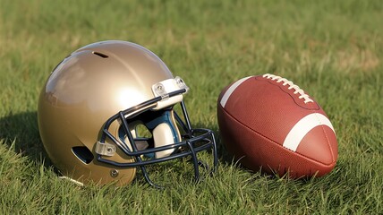 Gleaming American Football Helmet and Leather Football on Grass Photo