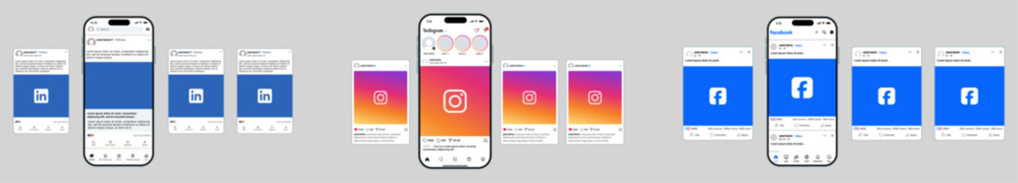 Instagram Facebook LinkedIn post home feed carousel layout with clean buttons reactions share save tools optimized for modern multi network social presentation vector illustration