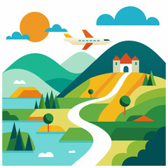 Embark on a fantastical adventure with a plane soaring over vibrant hills, leading to a majestic castle, perfect for travel posters, children's books, and imaginative designs