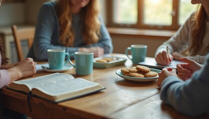 Women gather at table for bible study. They drink tea eat cookies. Group of ladies read discuss share thoughts. Friendship fellowship support encouragement faith at home.