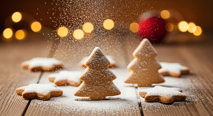 Festive Cookie Delights: Adorable Christmas tree and star shaped cookies sprinkled with powdered sugar on a rustic wooden table with bokeh lights in the background.