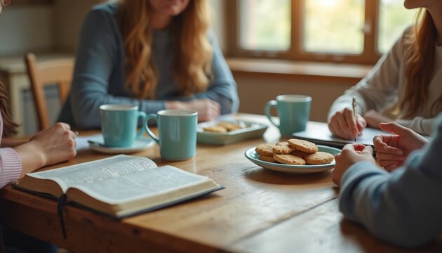Women gather at table for bible study. They drink tea eat cookies. Group of ladies read discuss share thoughts. Friendship fellowship support encouragement faith at home.