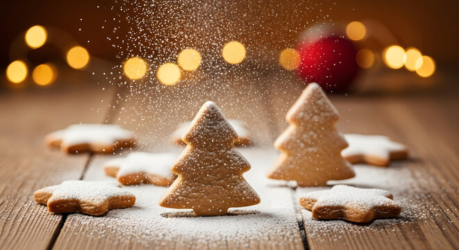 Festive Cookie Delights: Adorable Christmas tree and star shaped cookies sprinkled with powdered sugar on a rustic wooden table with bokeh lights in the background.