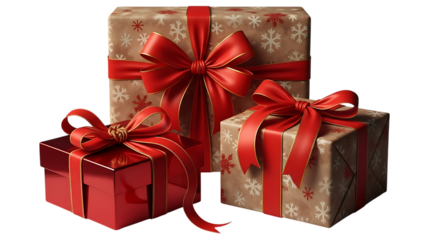 Transparent background three festive gift boxes with red ribbons and bows, isolated on transparent background