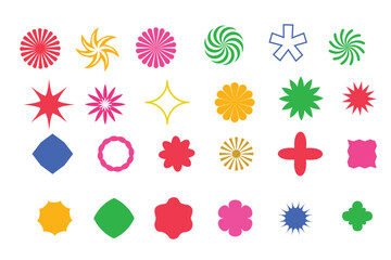 collection of geometric shapes including squares, circles, triangles, stars, and crosses isolated on transparent background. vector art