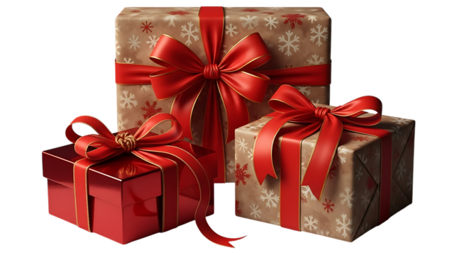 Transparent background three festive gift boxes with red ribbons and bows, isolated on transparent background - Powered by Adobe