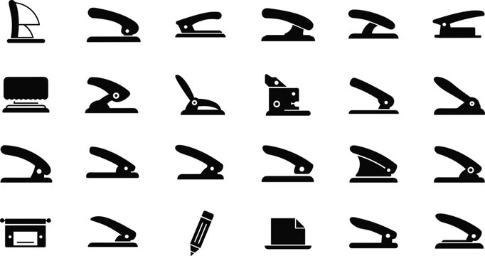 Office supply icon set, hole puncher silhouettes, stapler vector pack, black graphic tools, workplace equipment, flat illustration collection