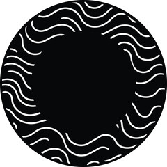 A minimalist black circle with a border of white, wavy lines creating an abstract and modern design element.