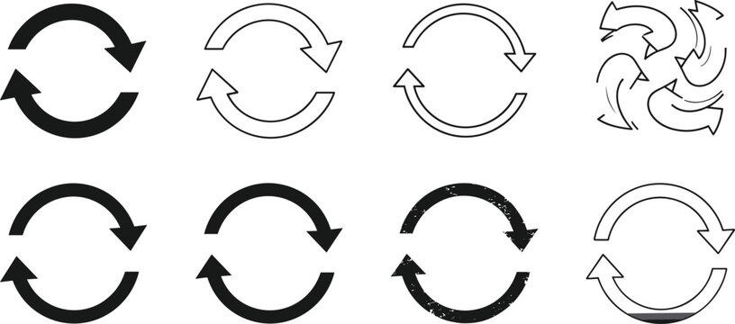 Set of black recycle and refresh icons, circular arrows loop symbol collection, cad drawing flat vector illustration