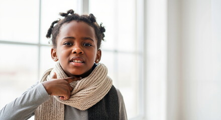 Sick African American girl pointing to her sore throat wearing a warm scarf. Child suffering from cold or flu symptoms indoors. Copy space for text