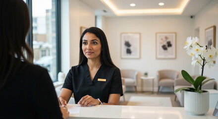 Professional female receptionist working at a front desk in a modern clinic or spa. Young woman in black uniform talking to a client in a medical office waiting room