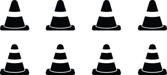 Traffic cone silhouette set, black vector icons, construction safety, stripe variations, flat design, signage, roadwork, cad drawing, illustration