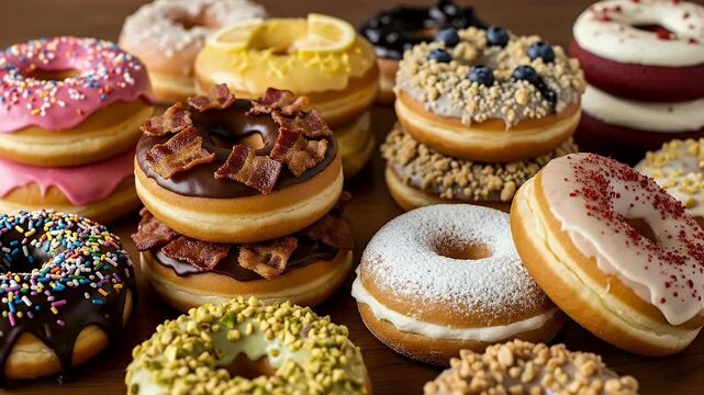 A mouth-watering, vibrant assortment of various glazed and topped donuts is artfully displayed, creating a tempting visual feast. The close-up shot highlights the rich textures and colors of each uniq