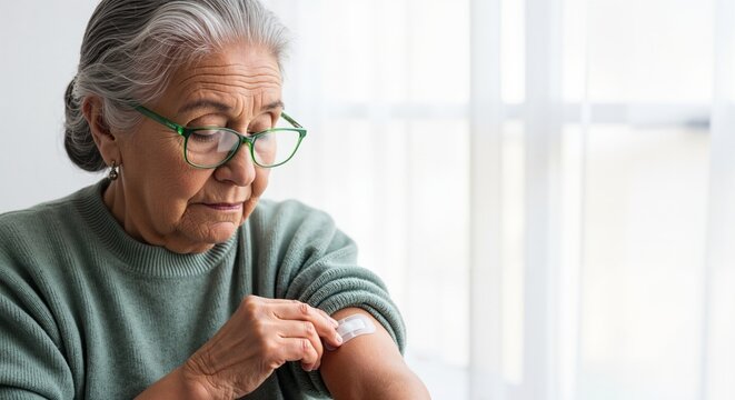 Senior woman looking at bandage on arm after vaccination. Elderly female patient inspecting adhesive plaster injection site. Healthcare and immunity concept with copy space