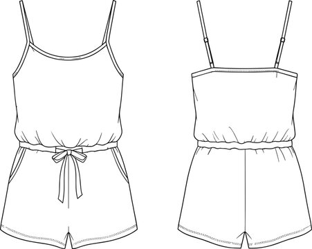 Spaghetti strap romper sketch, scoop neckline fashion flat, bow waist detail, side pockets, cad drawing flat vector illustration