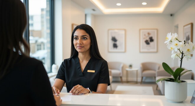 Professional female receptionist working at a front desk in a modern clinic or spa. Young woman in black uniform talking to a client in a medical office waiting room