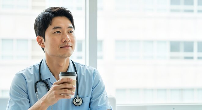 Young Asian male nurse holding coffee cup during break in hospital. Medical professional in blue scrubs relaxing near window. Copy space