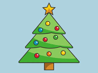 Obraz premium A simple cartoon illustration of a green christmas tree adorned with colorful baubles and a golden star on a light blue background
