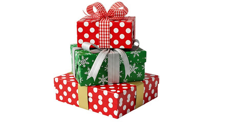 Transparent background stack of three colorful christmas gift boxes isolated on transparent background