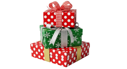 Transparent background stack of three colorful christmas gift boxes isolated on transparent background