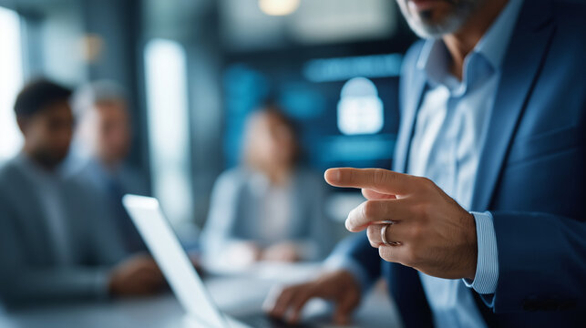 Cybersecurity presentation by specialist to team on protection risks faceless professionals defocused conference background data security briefing threat awareness training