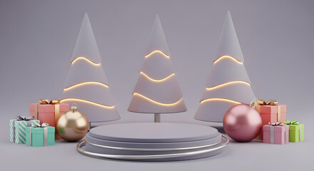 Minimalist Christmas Scene with Product Display Podium Geometric Trees Gifts and Ornaments