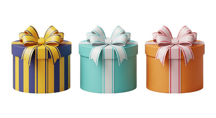 Transparent background three colorful round gift boxes with bows isolated on transparent background