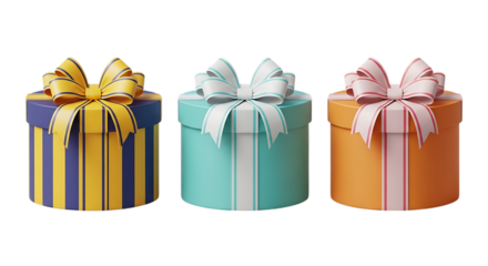 Transparent background three colorful round gift boxes with bows isolated on transparent background