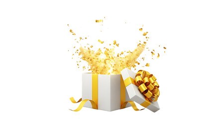 Transparent background golden confetti exploding from an open gift box, isolated on transparent background