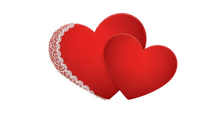 Transparent background two red hearts with lace, symbolizing love and romance, isolated on white isolated on transparent background