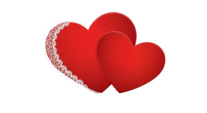 Transparent background two red hearts with lace, symbolizing love and romance, isolated on white isolated on transparent background