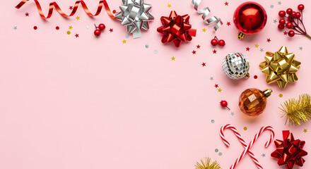 Christmas Holiday Flatlay Frame with Ornaments Ribbons Confetti and Candy Canes on Pink Background